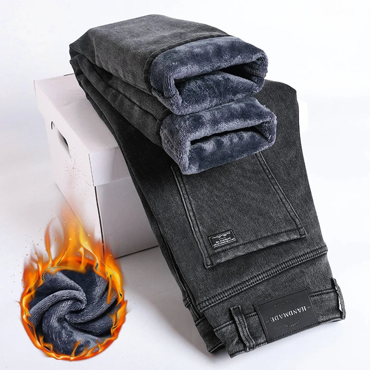 Warm Jeans Men's Slim Straight Elastic Denim Pants