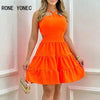 Women Elegant Sleeveless Criss Cross Midriff Mini A- Line Cascading Ruffles Dress-Bennys Beauty World