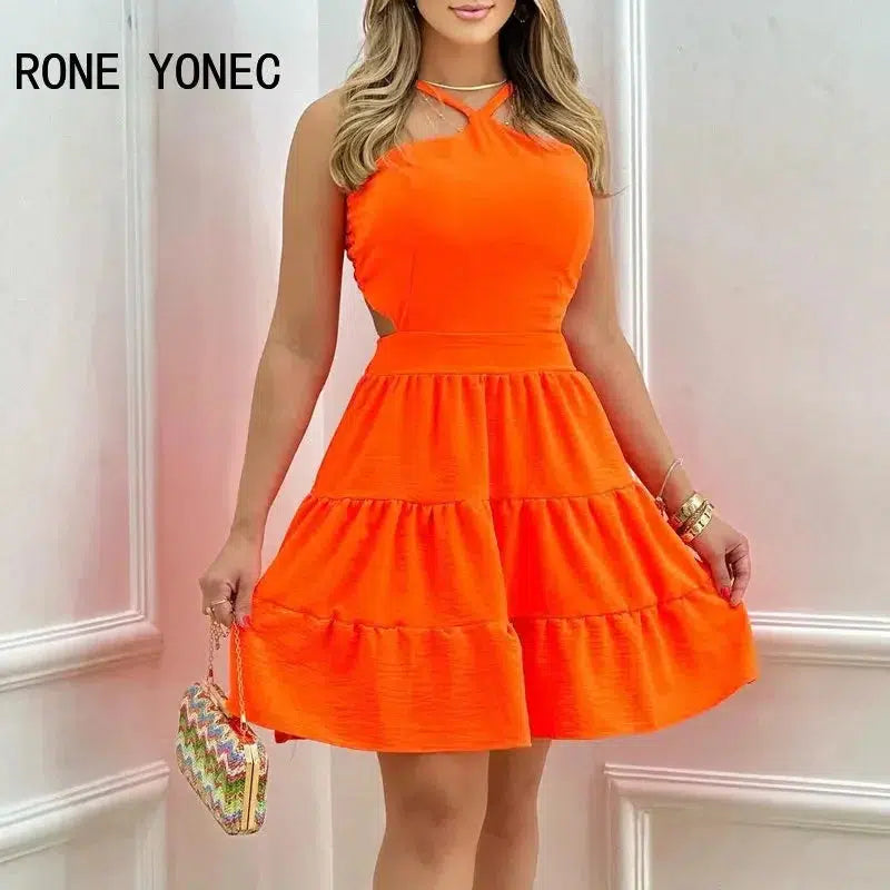 Women Elegant Sleeveless Criss Cross Midriff Mini A- Line Cascading Ruffles Dress-Bennys Beauty World