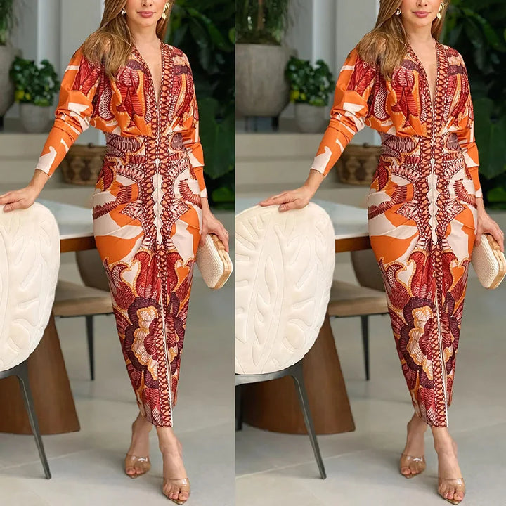 Ladies Retro Print V Neck Mid-Calf Dresses For Women-Dresses-Bennys Beauty World