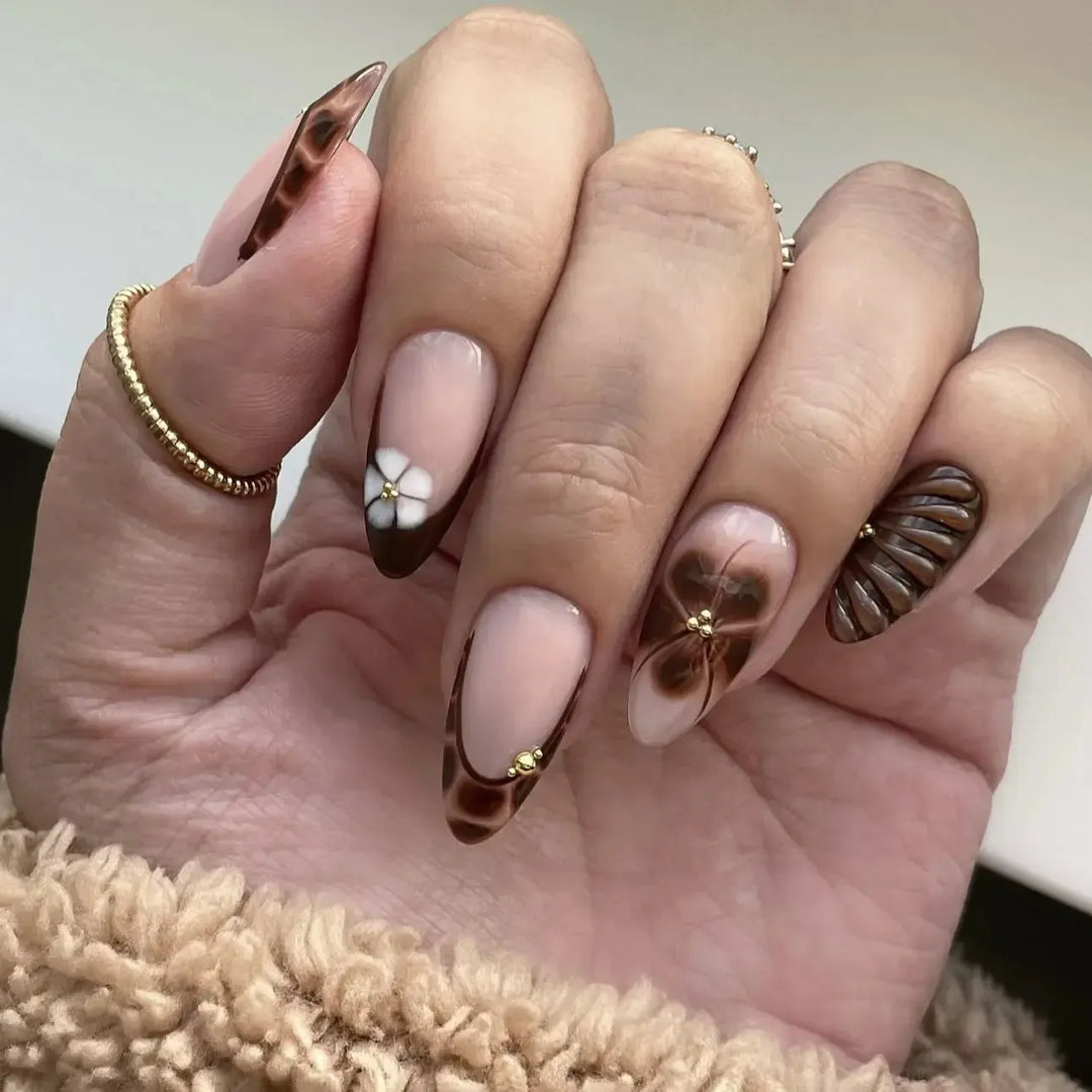 Gradient Pink Almond Press-On Nails – 24 Pcs Flower &amp; Pearl Design False Nails-Nails-Bennys Beauty World