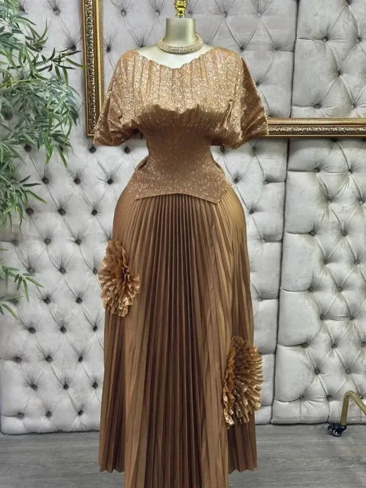 EGRM Pleated 2 Pieces Set Women Fashion V Neck Short Batwing Half Sleeved Irregular Hem Top + 3D Flowers A-line Folds Skirt 6R81-Bennys Beauty World