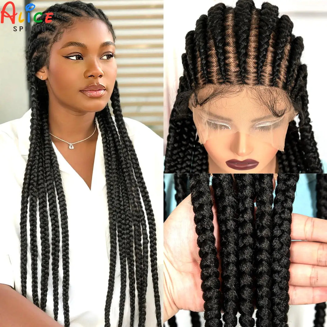 32" Cornrow Braided Wig – Synthetic Full Lace Knotless Frontal Braid Wig with Baby Hair