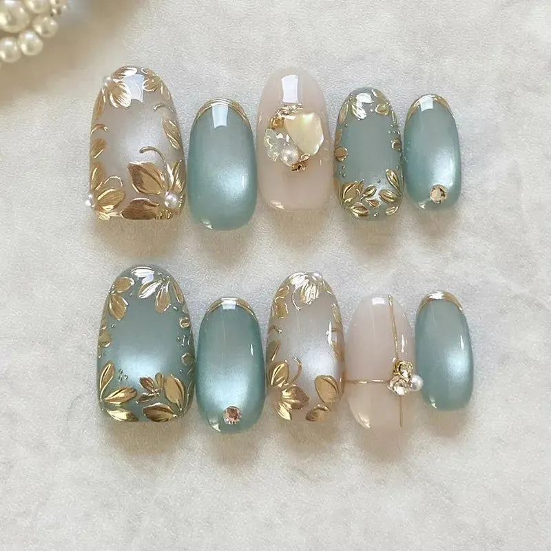 Almond Press-On Nails – 24 Pcs Flower Pattern False Nails | Bennys Beauty World-Nails-Bennys Beauty World
