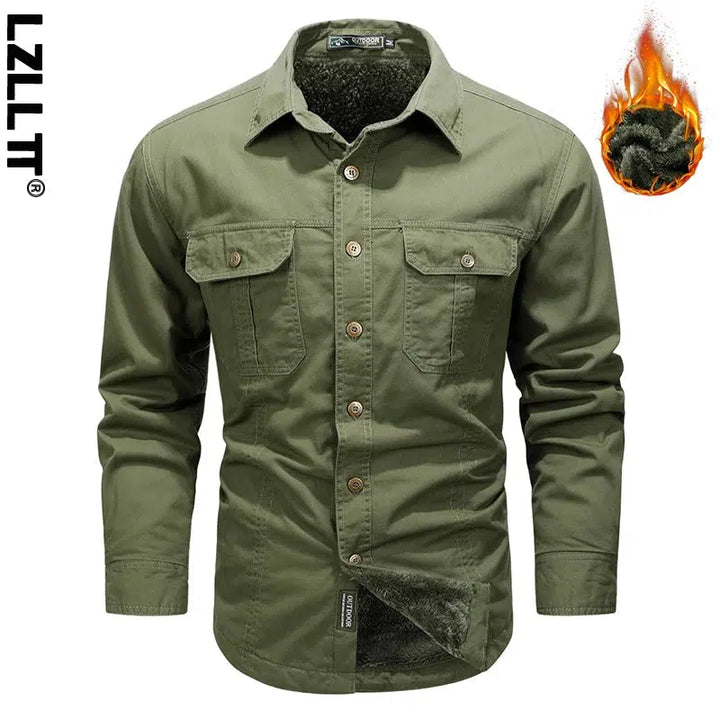 Winter Men Fleece Cargo Cotton Long Sleeve Shirts