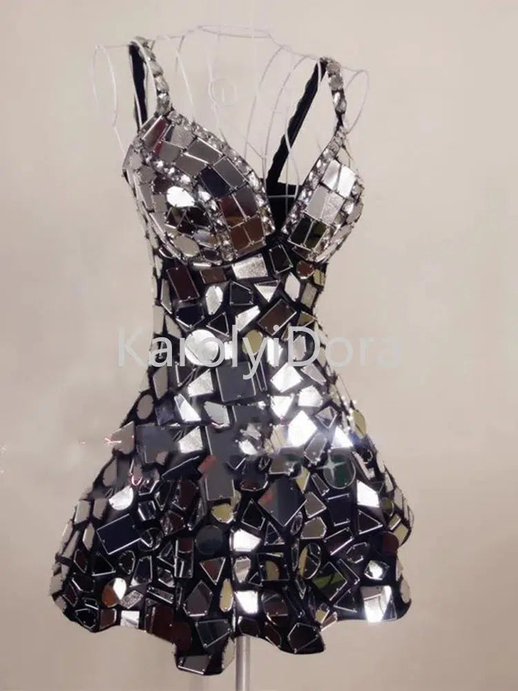 2023 Silver Mirror Dress Sexy Stage Costume Women Festival Outfit Nightclub Bar Singer Dj Ds Performance Clothing Handmade-Bennys Beauty World
