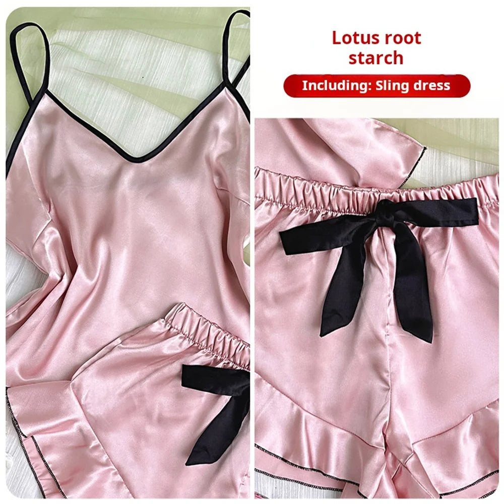 Women's Smooth Satin Pajamas V-Neck T-Shirt Outfit