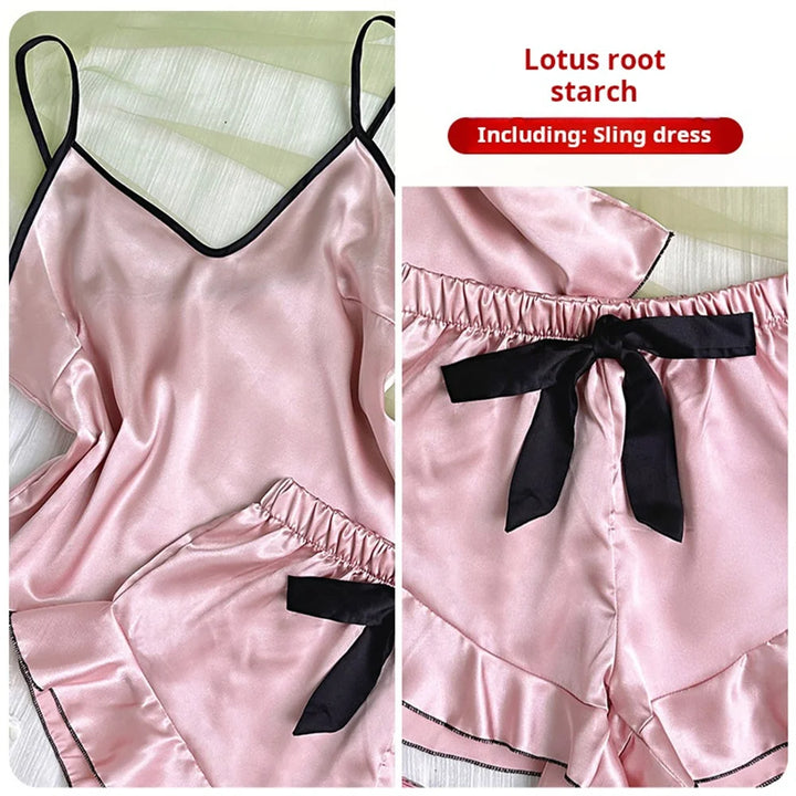 Women's Smooth Satin Pajamas V-Neck T-Shirt Outfit