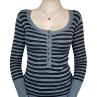 Vintage Knitted Sweater Cutest V Neck Long Sleeve Stripe Jumper-blouse-Bennys Beauty World