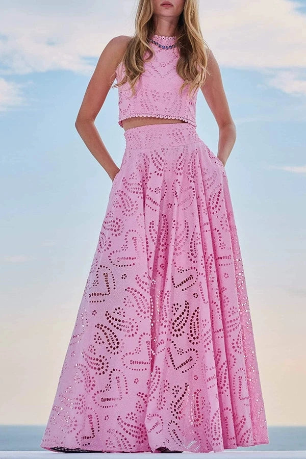 Hollow Out Sleeveless Top Half Skirt Set