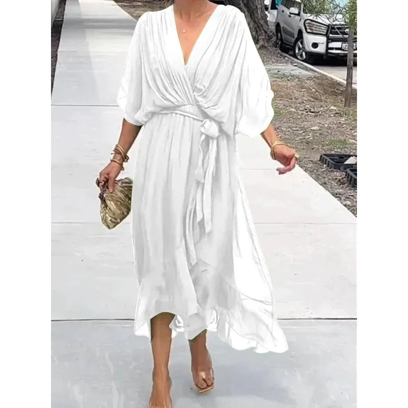 Women's Summer Dresses Solid Color Bat Sleeves Long Dress-Dresses-Bennys Beauty World