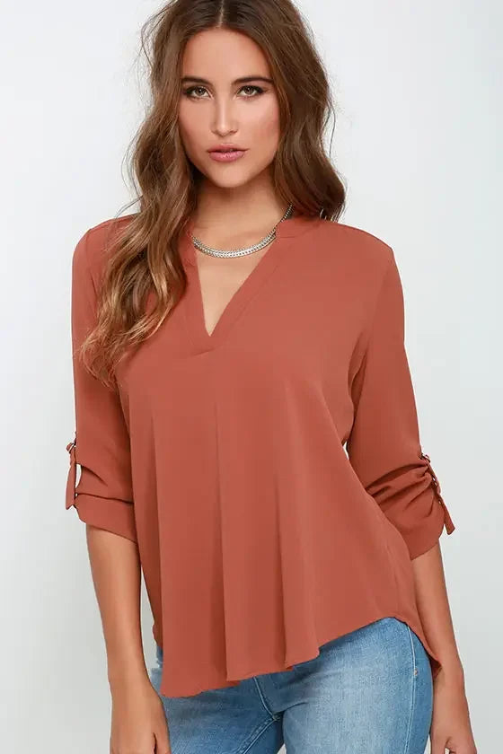 Women's Tops Blouses Long Sleeve V-Neck Chiffon Blouse