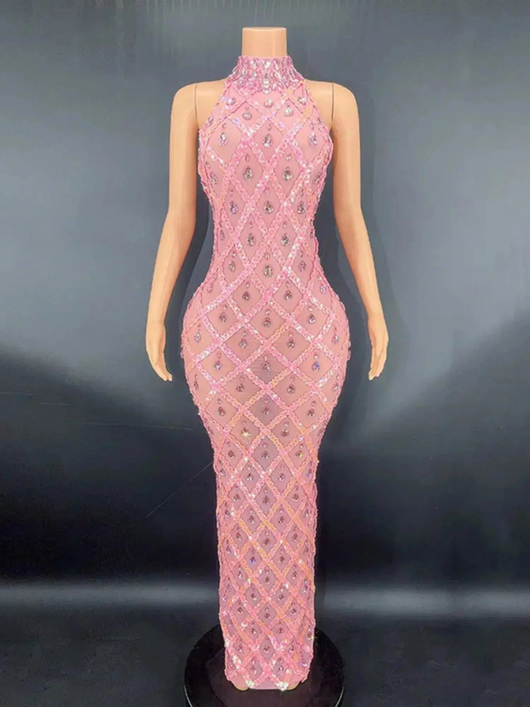 2024 Fashion Celebrity Evening Cocktail Party Maxi Dress Women's High Collar Sleeveless Bodyco Shiny Beaded Design Long Dresses-Bennys Beauty World