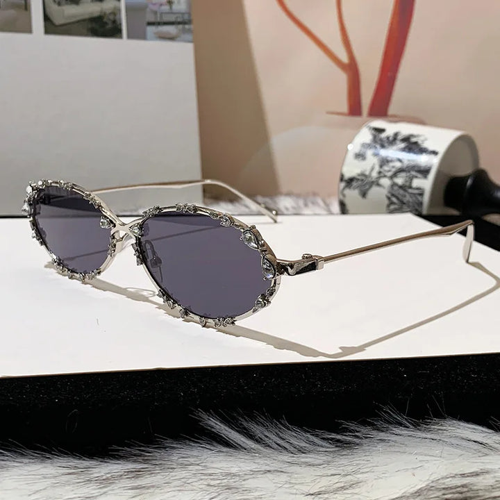 Rhinestone Oval Sunglasses | UV400 Luxury Diamond Metal Frame