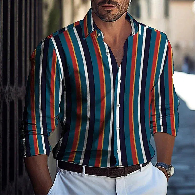 Striped Men's Business Casual 3D Printed shirt Spring/Summer Top-Shirts-Bennys Beauty World