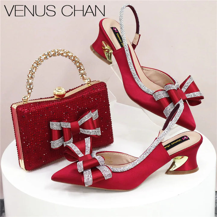 Women Hollowed Out Embroidery Rhinestone Shoes and Bag