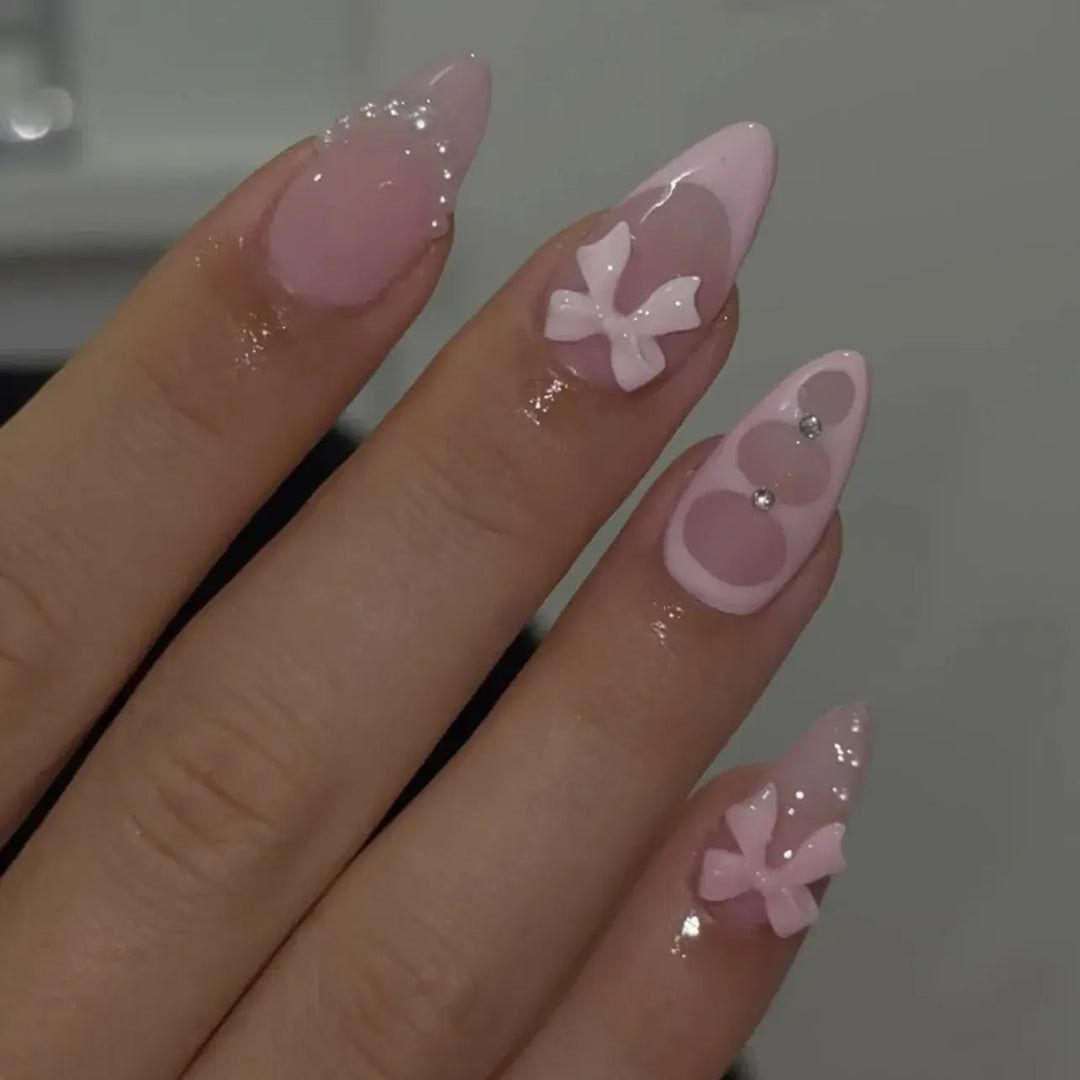 Almond Press-On Nails – 24 Pcs Flower Pattern False Nails | Bennys Beauty World-Nails-Bennys Beauty World