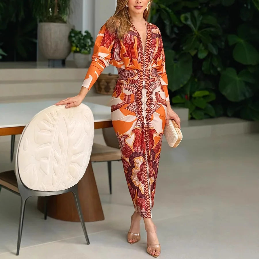 Ladies Retro Print V Neck Mid-Calf Dresses For Women-Dresses-Bennys Beauty World