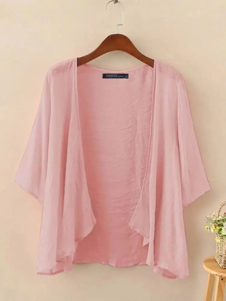 2023 ZANZEA Summer Fashion Cardigan Women 3/4 Sleeve Solid Blouse Casual Holiday Beach Holiday Kimonos Open Front Shirt Blusas-Bennys Beauty World