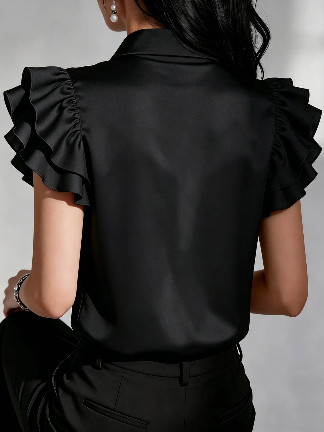 Women's Satin Button-Down Blouse – Ruffle Sleeve Collared Office Shirt