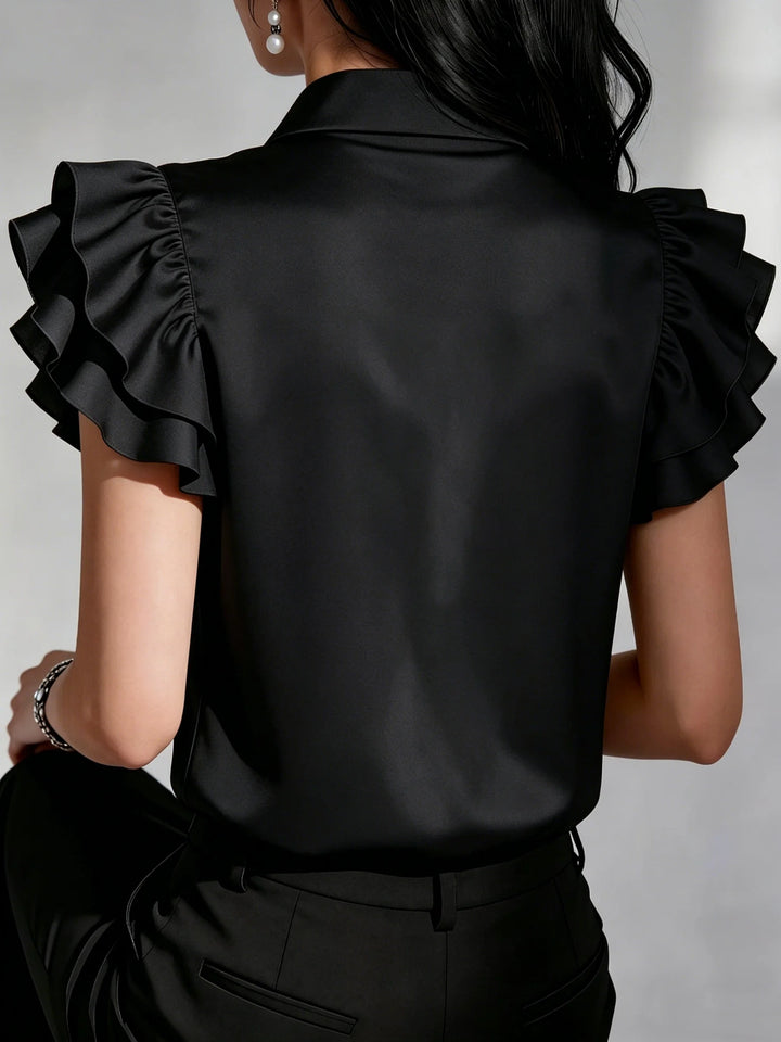 Women's Satin Button-Down Blouse – Ruffle Sleeve Collared Office Shirt