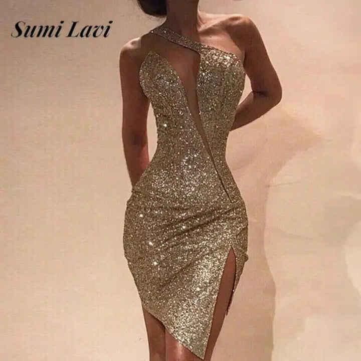 One-Shoulder Sequin Split Mini Dress