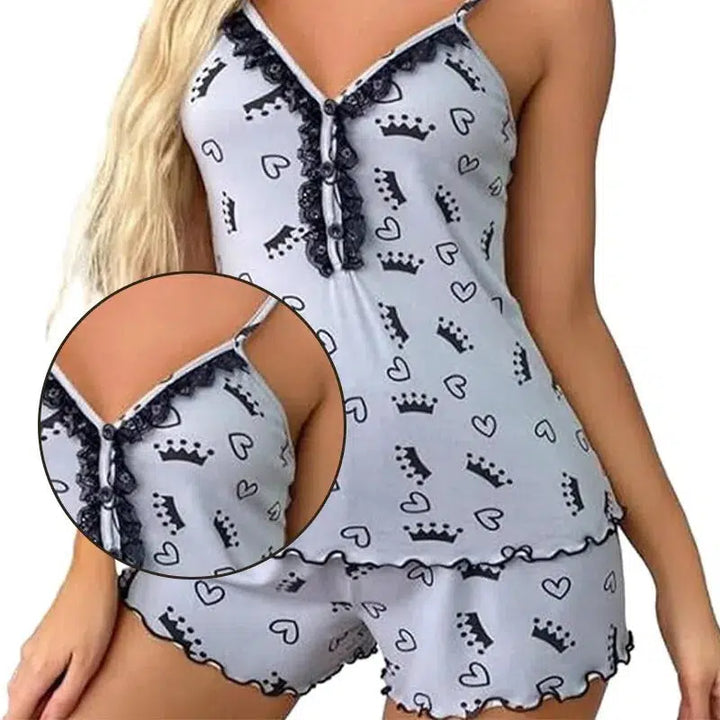 Sexy Summer Two Pieces Women Pajamas Set Deep V-Neck Tops And Shorts Pajama Suit Ladies Sleeveless Nightwear For Female-Bennys Beauty World