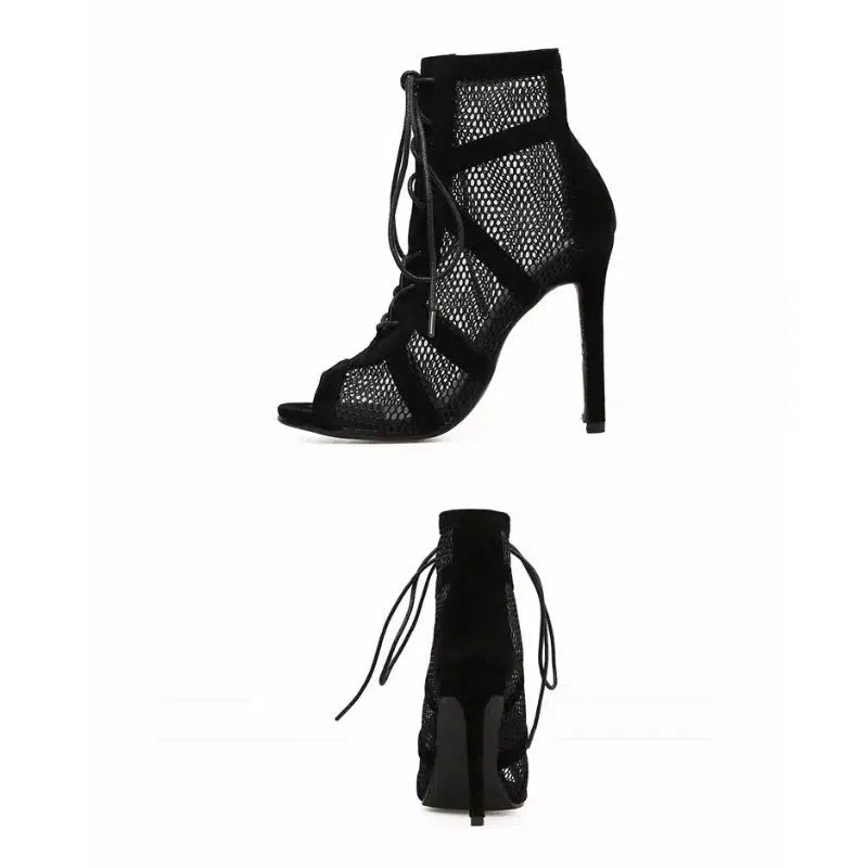 New Fashion Show Black Net Fabric Cross Strap Sexy High Heel Sandals Woman Shoes Pumps Lace-up Peep Toe Sandals Casual Mesh-Bennys Beauty World