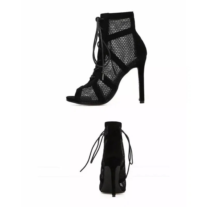New Fashion Show Black Net Fabric Cross Strap Sexy High Heel Sandals Woman Shoes Pumps Lace-up Peep Toe Sandals Casual Mesh-Bennys Beauty World
