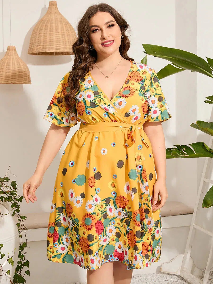 Midi Dress For Women Summer V Neck Floral Print Dress-Dresses-Bennys Beauty World