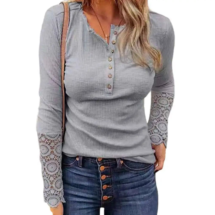 Women Long Sleeve Round Neck Solid Stitching Lace Loose T-shirt for Spring