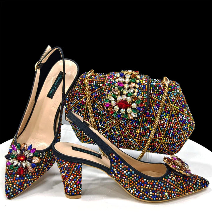 Ladies Italian Design Shoes And Bag Set Decorated with Rhinestone