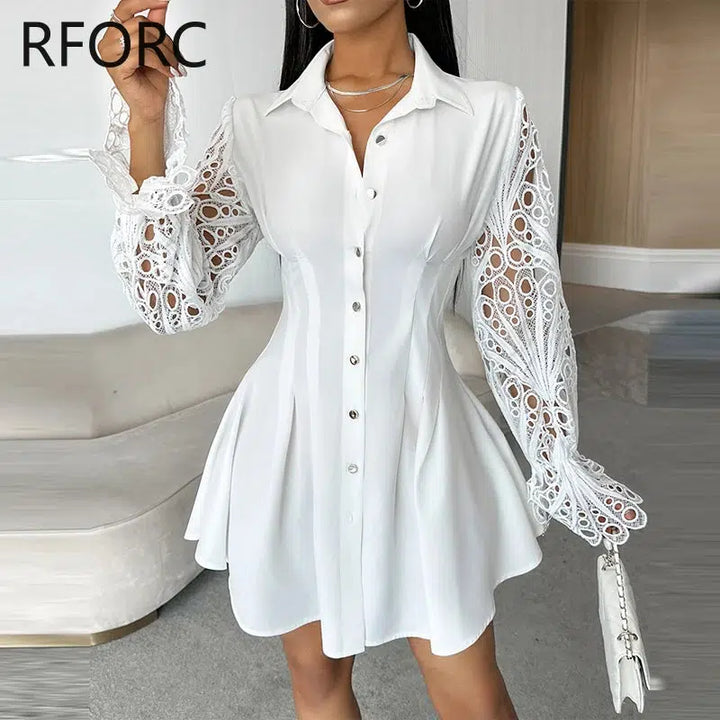 Long Sleeves A-line White Shirt Dress-Bennys Beauty World