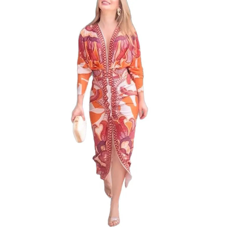 Ladies Retro Print V Neck Mid-Calf Dresses For Women-Dresses-Bennys Beauty World