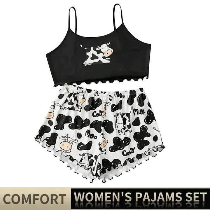 Women Pajamas Sleepwear Pajama Set Sports Camisole And Shorts S M L Black Cow Cartoon Print Ventilate Soft Casual-Bennys Beauty World