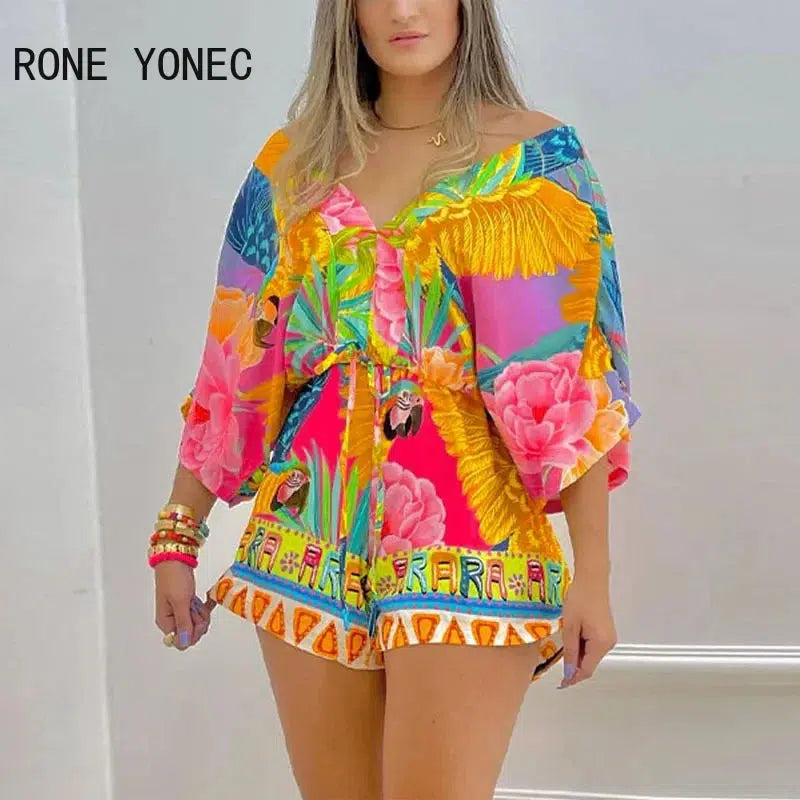 Womens Floral Pattern Short Batwing Sleeves Rompers-Dresses-Bennys Beauty World
