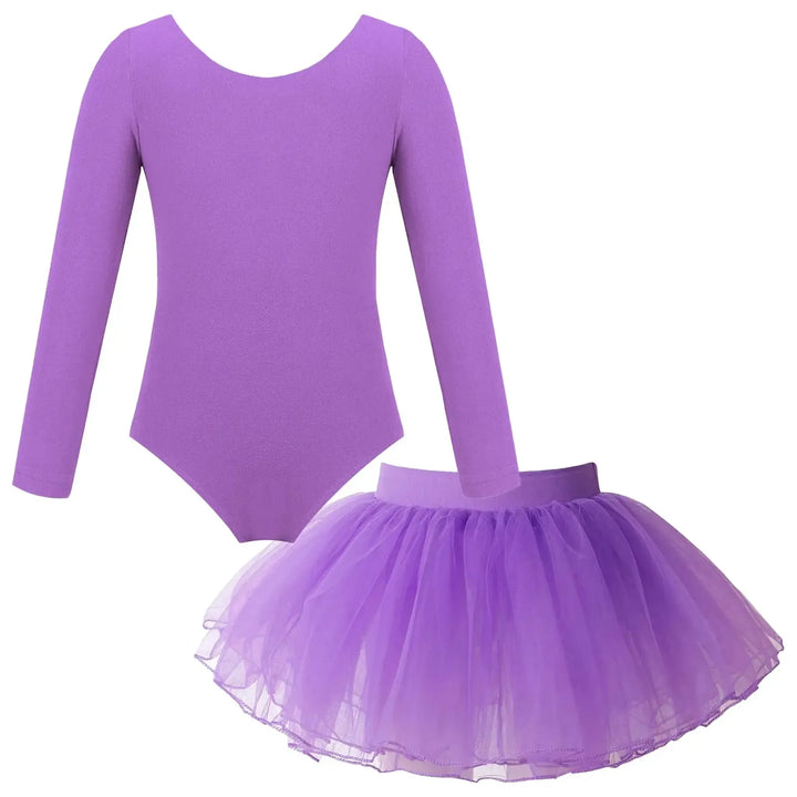 Girl Ballet Dance Leotard Long Sleeve Gymnastics Leotard+Tulle Tutu Skirt Outfit Kid Dance Training Workout Performance Bodysuit-Bennys Beauty World