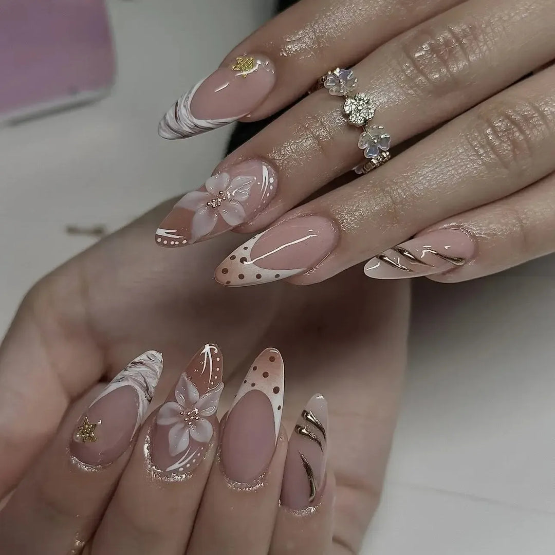 Gradient Pink Almond Press-On Nails – 24 Pcs Flower &amp; Pearl Design False Nails-Nails-Bennys Beauty World