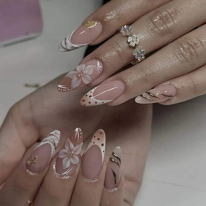 Gradient Pink Almond Press-On Nails – 24 Pcs Flower &amp; Pearl Design False Nails-Nails-Bennys Beauty World
