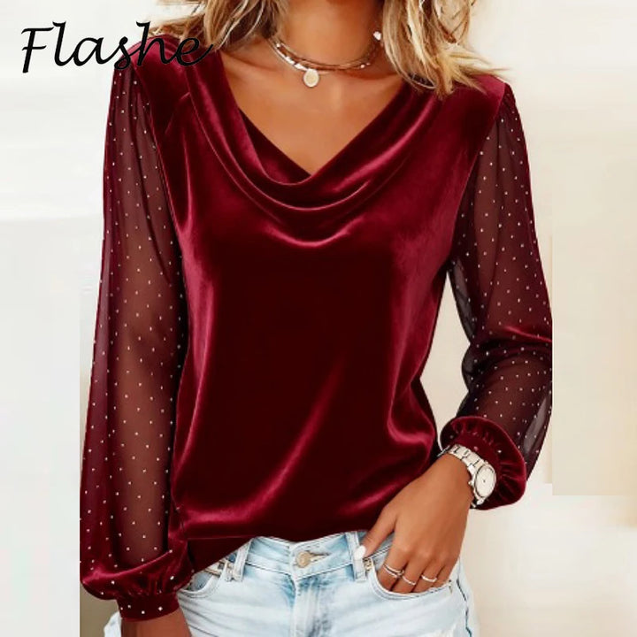 Velvet Cowl Neck Top | Sheer Diamond Mesh Sleeves | Elegant Long Sleeve