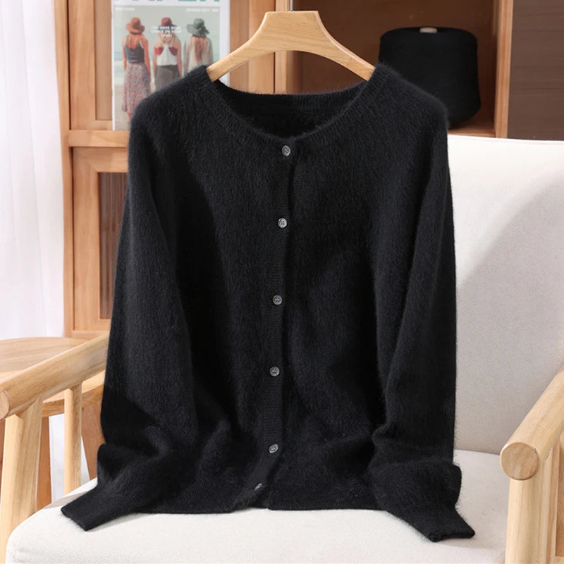 New Women 100% Mink Cashmere Sweater O-Neck Buttons Cardigan Autumn Winter Soft Warm Cable Kint Sweater Casual Long  Sleeve Tops