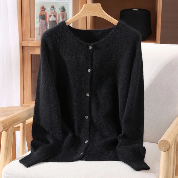 New Women 100% Mink Cashmere Sweater O-Neck Buttons Cardigan Autumn Winter Soft Warm Cable Kint Sweater Casual Long  Sleeve Tops