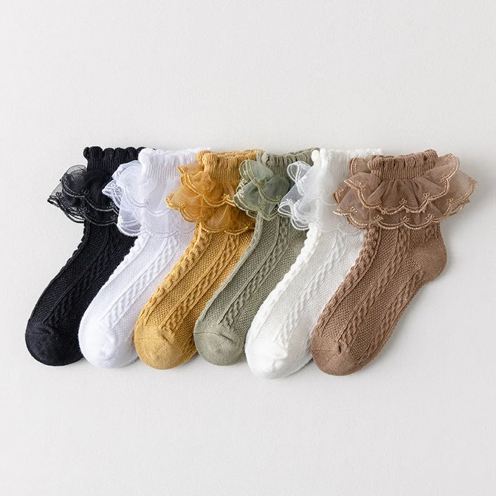 Girls Ruffle Lace Cotton Socks | 3 Pairs | Ages 1–10