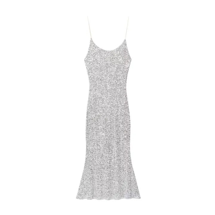Silver sequin dress on a white background