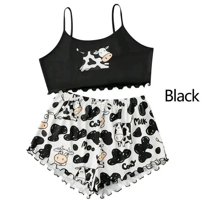 Women Pajamas Sleepwear Pajama Set Sports Camisole And Shorts S M L Black Cow Cartoon Print Ventilate Soft Casual-Bennys Beauty World
