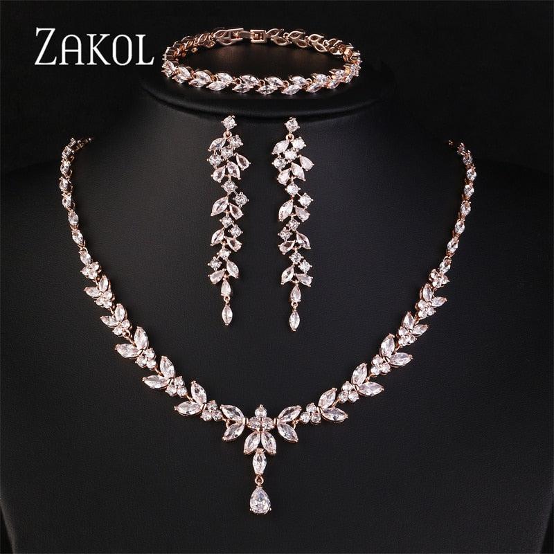 Zirconia Leaf Necklace Earrings Rings Bracelets Set for Women-necklace-Bennys Beauty World