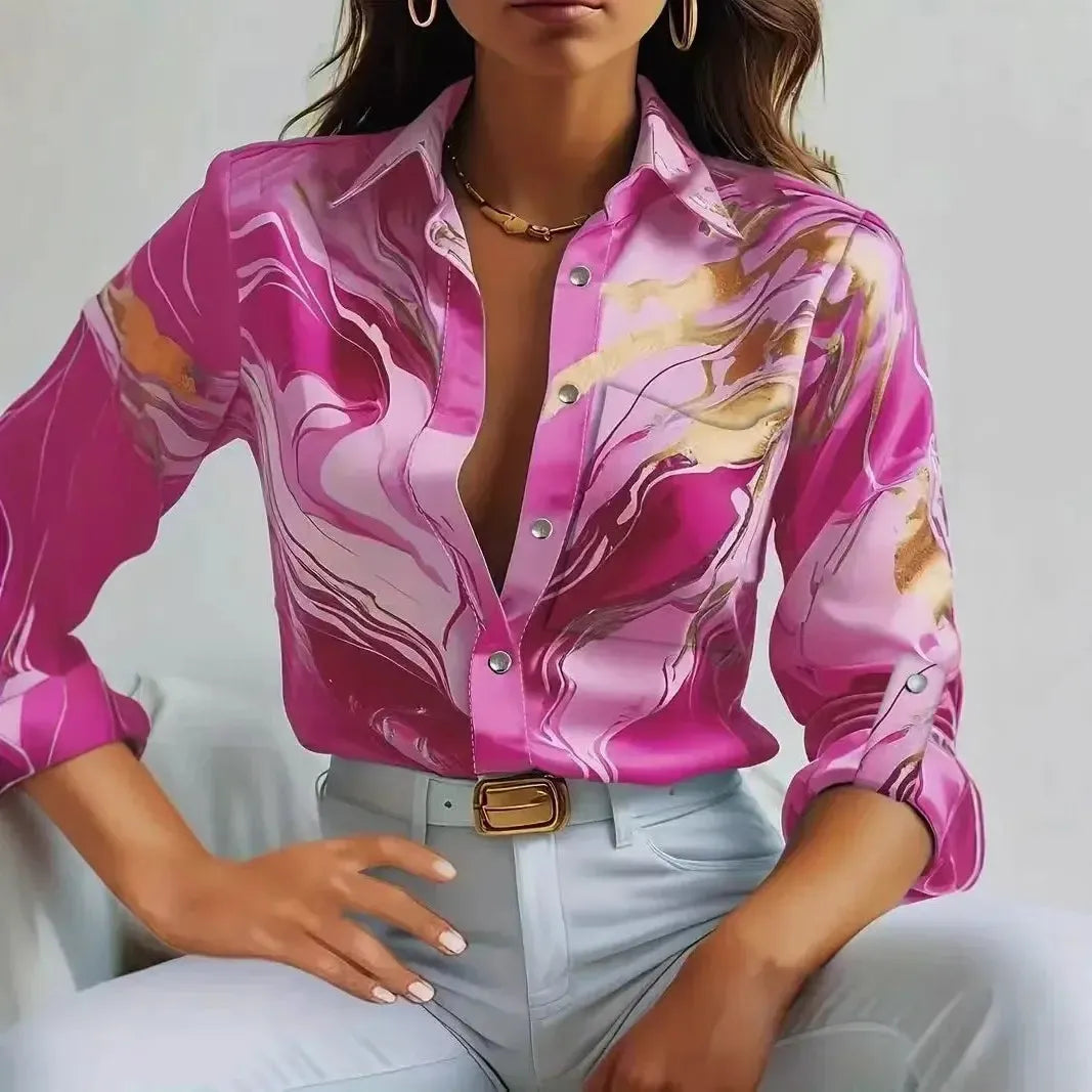 Women’s Printed Button-Up Shirt – Long Sleeve Loose Fit Korean Blouse-Shirt-Bennys Beauty World