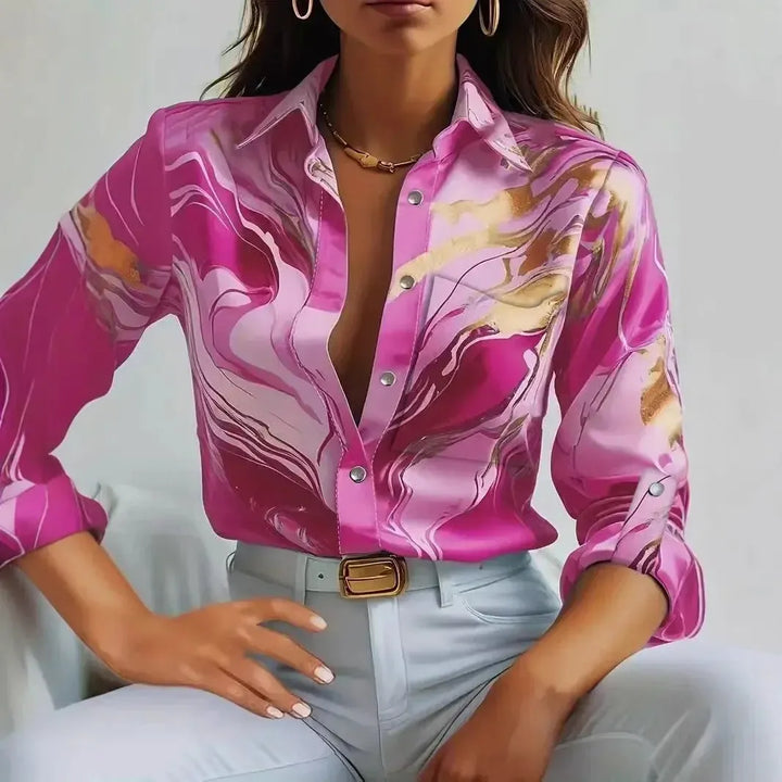 Women’s Printed Button-Up Shirt – Long Sleeve Loose Fit Korean Blouse-Shirt-Bennys Beauty World