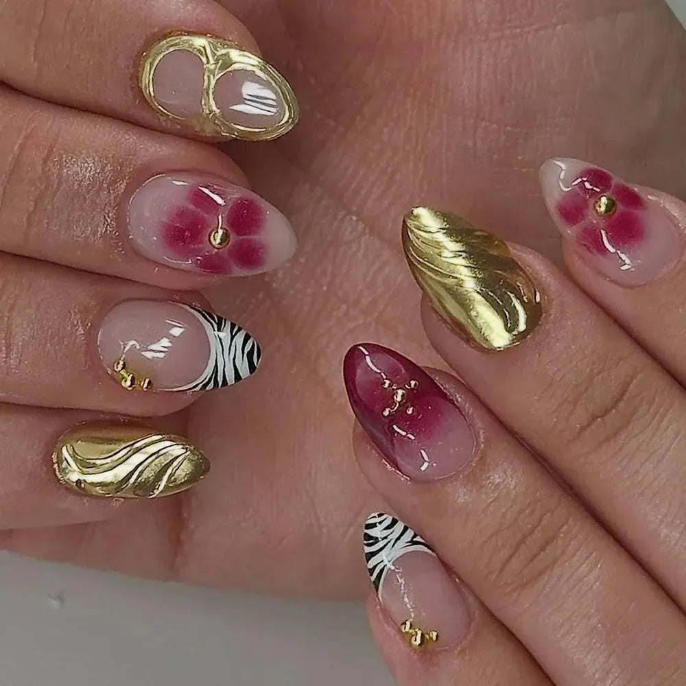 Almond Press-On Nails – 24 Pcs Flower Pattern False Nails | Bennys Beauty World-Nails-Bennys Beauty World