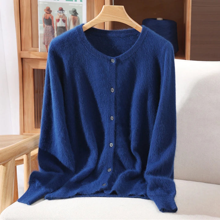 New Women 100% Mink Cashmere Sweater O-Neck Buttons Cardigan Autumn Winter Soft Warm Cable Kint Sweater Casual Long  Sleeve Tops